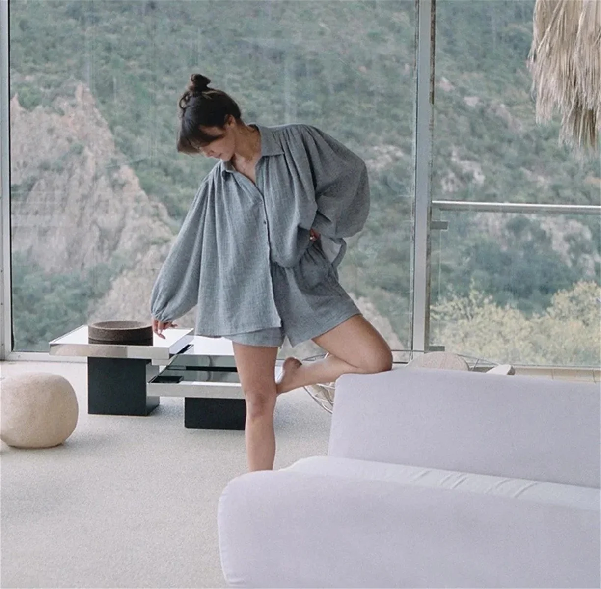 Lockeres Damen-Hemd-Set mit festem Knopf, lässig, langärmelig, elastische Taille, weites Bein, kurze Hosen, Anzug, 2022, Sommer, tägliches Pendler-Outfit