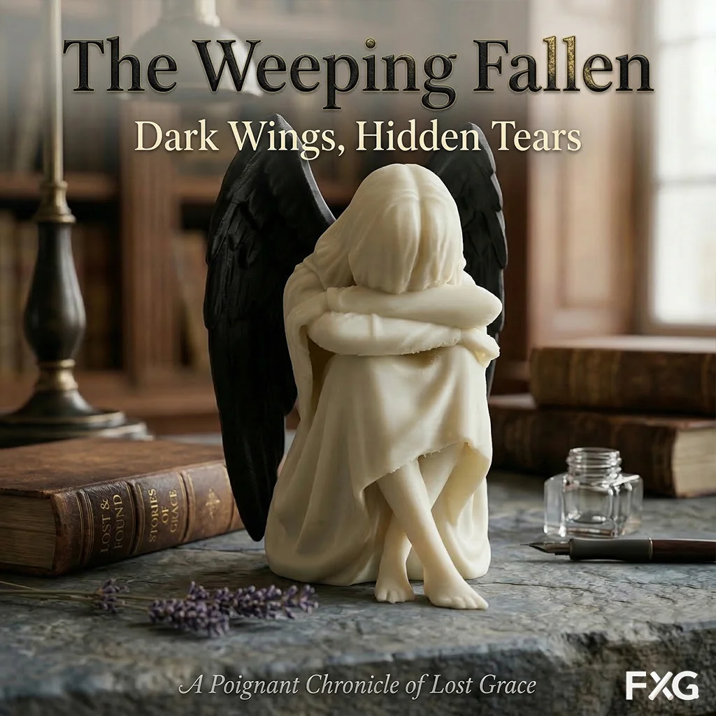 3D Printed Black Wing Kneeling Hiding Face Angel Sculpture, Desk Decor, Gift for Gamers, Boyfriend Gift Idea, Christmas Gift, Ha