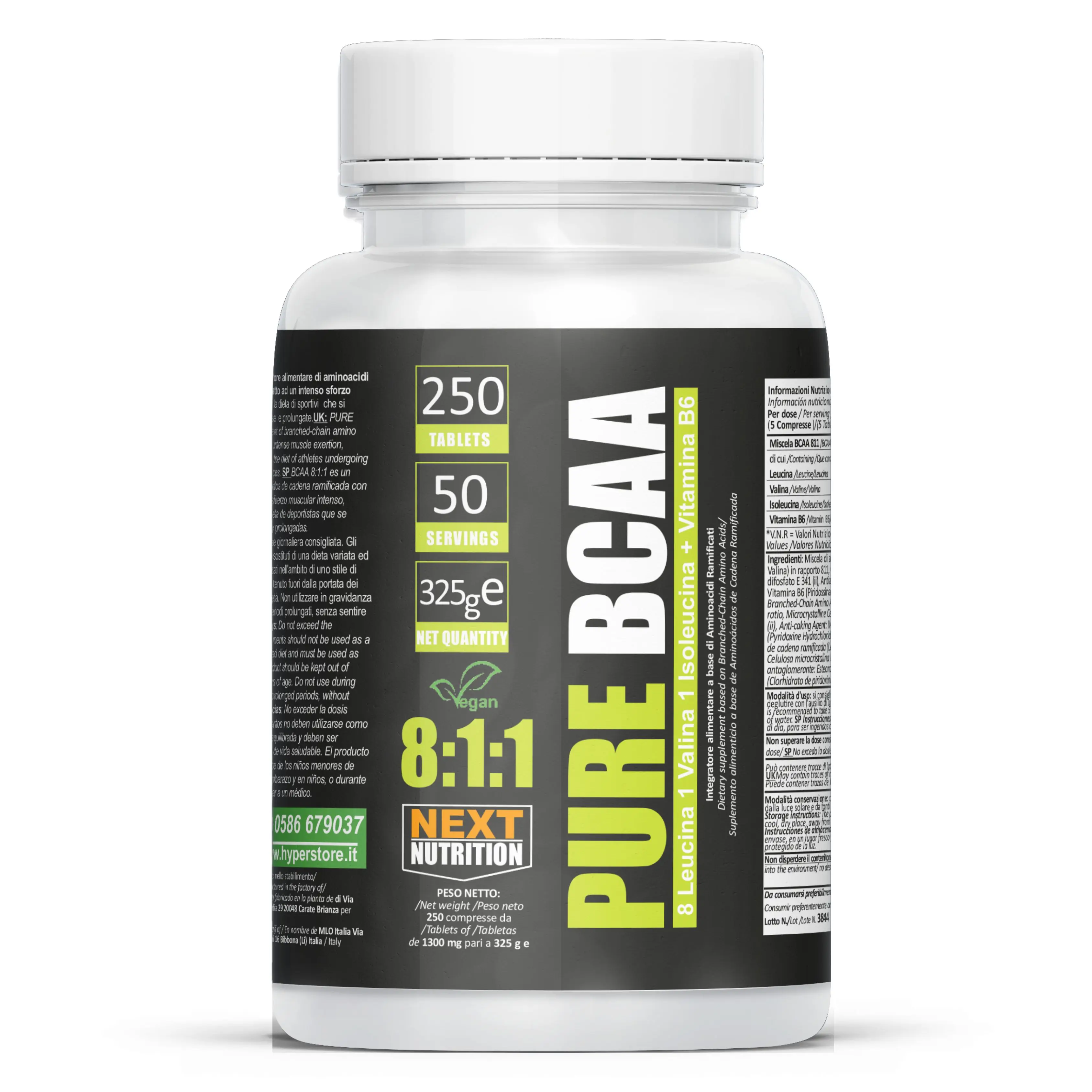 Next Nutrition BCAA 8:1:1 الأحماض الأمينية المفرعة 1000 مجم - زيادة كتلة العضلات والتعافي السريع - تمرين ما قبل التمارين الرياضية - 250 أقراص خالية من اللاكتوز مع مكمل فيتامين B6 النباتي في إيطاليا
