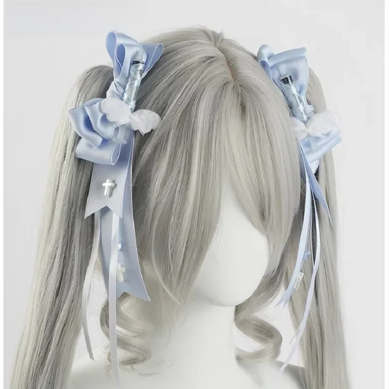 Kobiety Punk Devil Wing Bow Hair Clip Y2K girl Harajuku Gothic Subculture Syringe Bow Lolita Spinki do włosów Spinki do włosów Spinki do włosów — zdjęcie 2