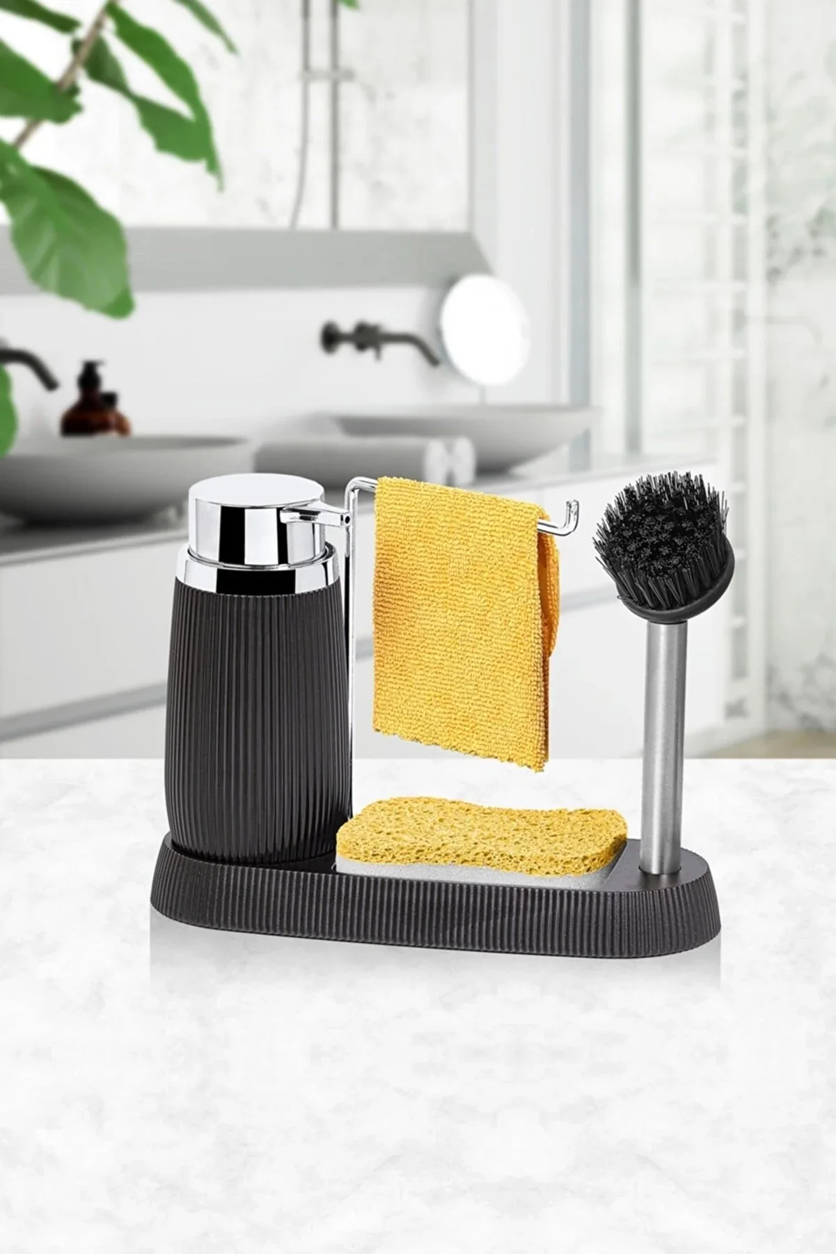 

Liquid Soap Dispenser Portable Sink Stand Kitchen Bathroom Accessories Set Brush Cleaning Sponge Storage Holder Stylish Modern