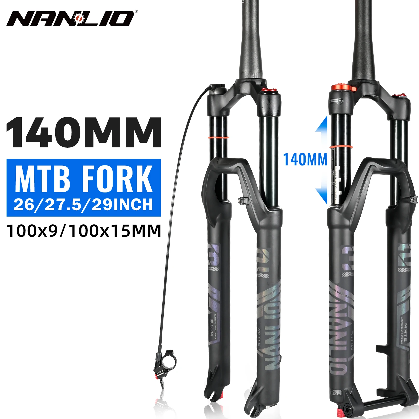 Nanlio Bike Suspension Fork 140mm Travel 26/27.5/29 Inch Damping Rebound Adjustment Aluminum Alloy Ultra-light Oil and Gas Fork