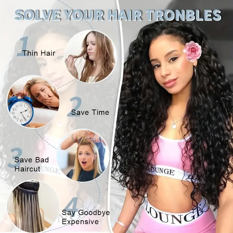 Extensiones de clip rizadas sintéticas de 16 piezas, cabello negro y marrón para mujeres 5