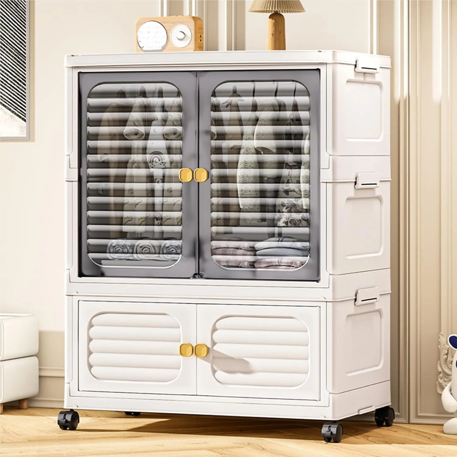 Armadio in plastica pieghevole e impilabile con ante, rotelle e asta per appendere, colore grigio trasparente, larghezza 60 cm + rotelle universali per la camera da letto dei bambini, soluzione di