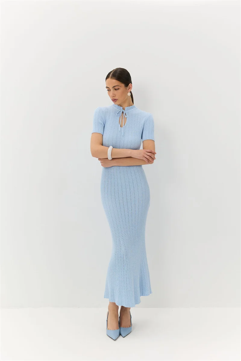 Women's Slim Fit Bandage Knit Dress Short Sleeve Long Crochet Beach Cover-Up Bikini Sexy Summer Swimwear