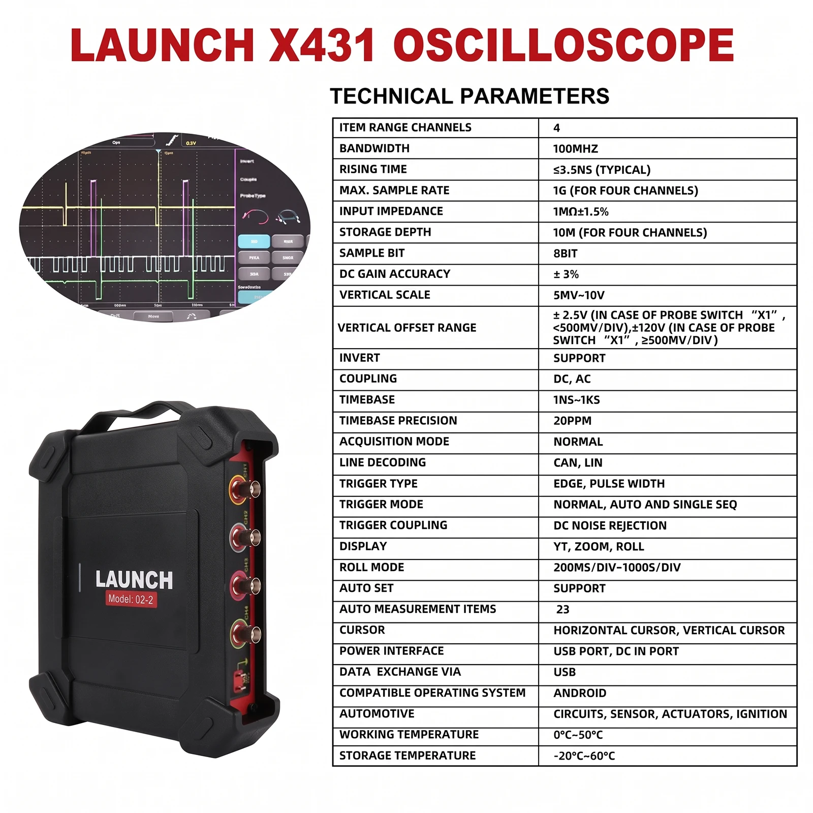 LAUNCH X-431 O2-2 Oscilloscope 4-Channel Automotive Oscilloscope Tester Diagnostic Scope Box Compatible with X-431 PAD VII V