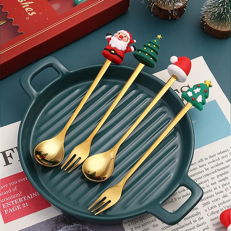 4PCS6PCS Christmas Gift Cutlery Spoon Fork Set Elk Tree Dessert Spoon Fruit Fork