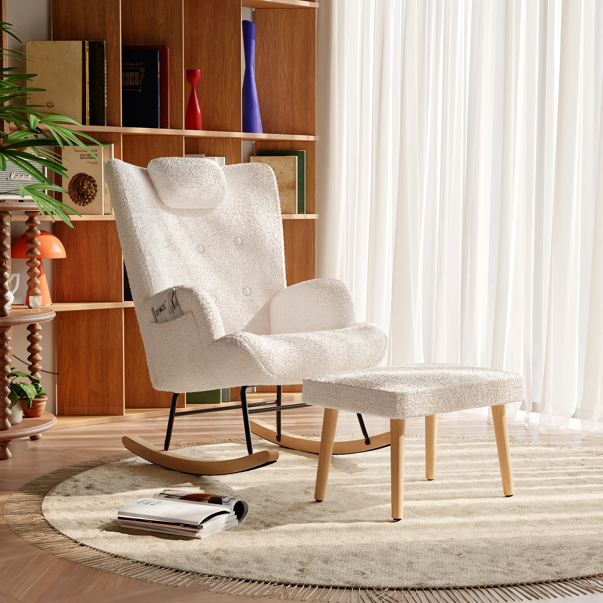 Sherpa Relaxing Armchair with Pouf, Chair with Footrest, Solid Wood Legs, for Living Room, Bedroom