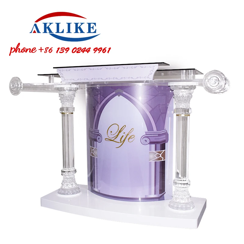 2024 AKLIKE The Latest Podium Custom Purple Rostrum Bible Top Table Furniture Church Glass Pulpit Free Shipping