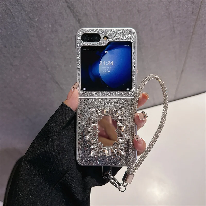 

Luxury Flash Diamond Mirror magnetic stand for Samsung Galaxy zflip3 4 Z Flip5 ZFlip6 5G Wireless charging Beautiful Funda