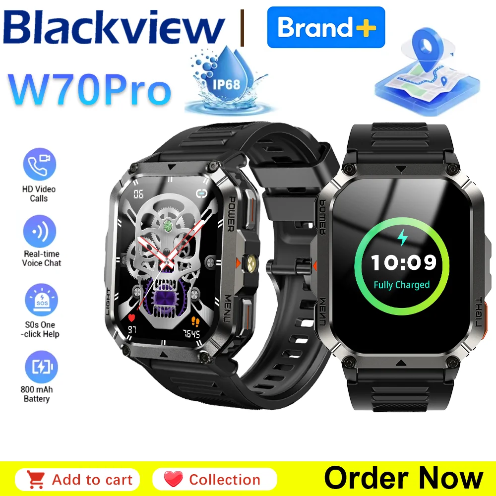 Blackview W70Pro Outdoor Smartwatch SOS Blutsauerstoff 900mAh 2,01'' HD Vollbildschirm Wasserdicht Taschenlampe Kompass für Männer und Frauen