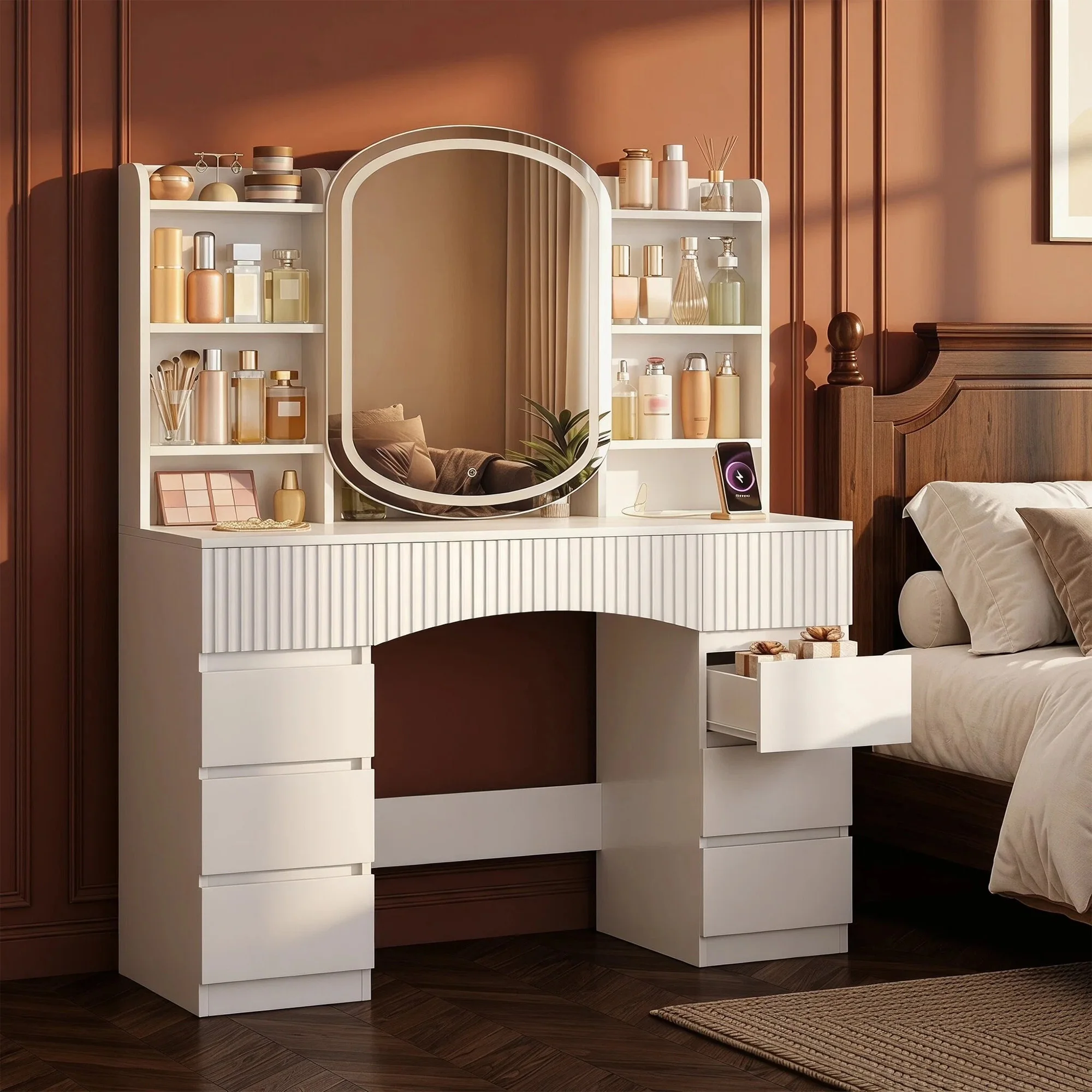 Grande coiffeuse avec éclairage LED et multiprise, coiffeuse avec grand miroir HD, pour chambre à coucher, blanche