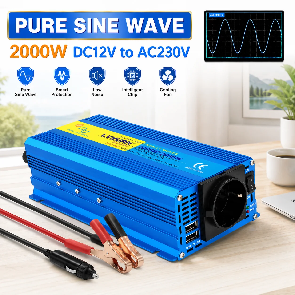 Image of LVYUAN Reiner Sinus-Wechselrichter DC 12V/24V zu AC 230V EU-Steckdose USB-Stromwandler 1000W 1200W 2000W Spitzenleistung Inverter Autoadapter Spannungswandler für Zuhause Wohnmobil LKW Camping