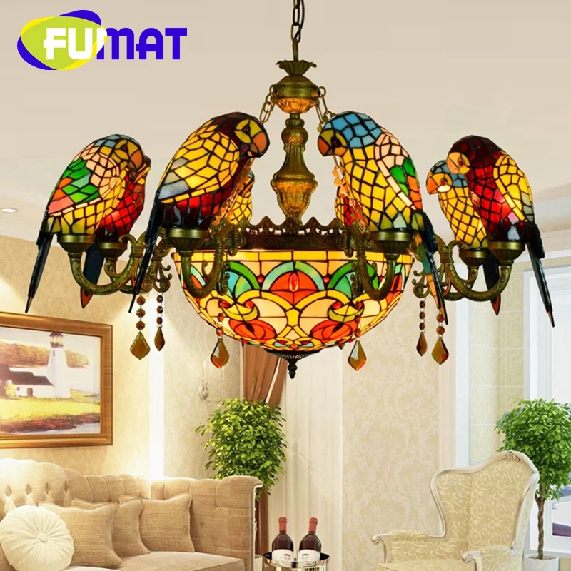 FUMAT Tiffany style Pastoral creative stained glass parrot bird multi-head Pendant lamp Living room Restaurant bar LED decor