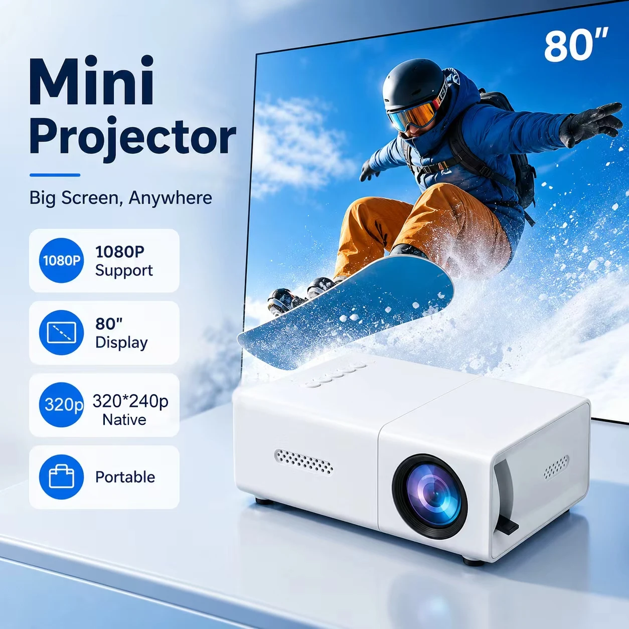 ZNLYRION 4K Decode Mini Smart Projektor 720P Native Android 11.0 WiFi6 BT5.0 Tragbares Heimkino mit automatischer Trapezkorrektur und 130 Zoll Bildschirm