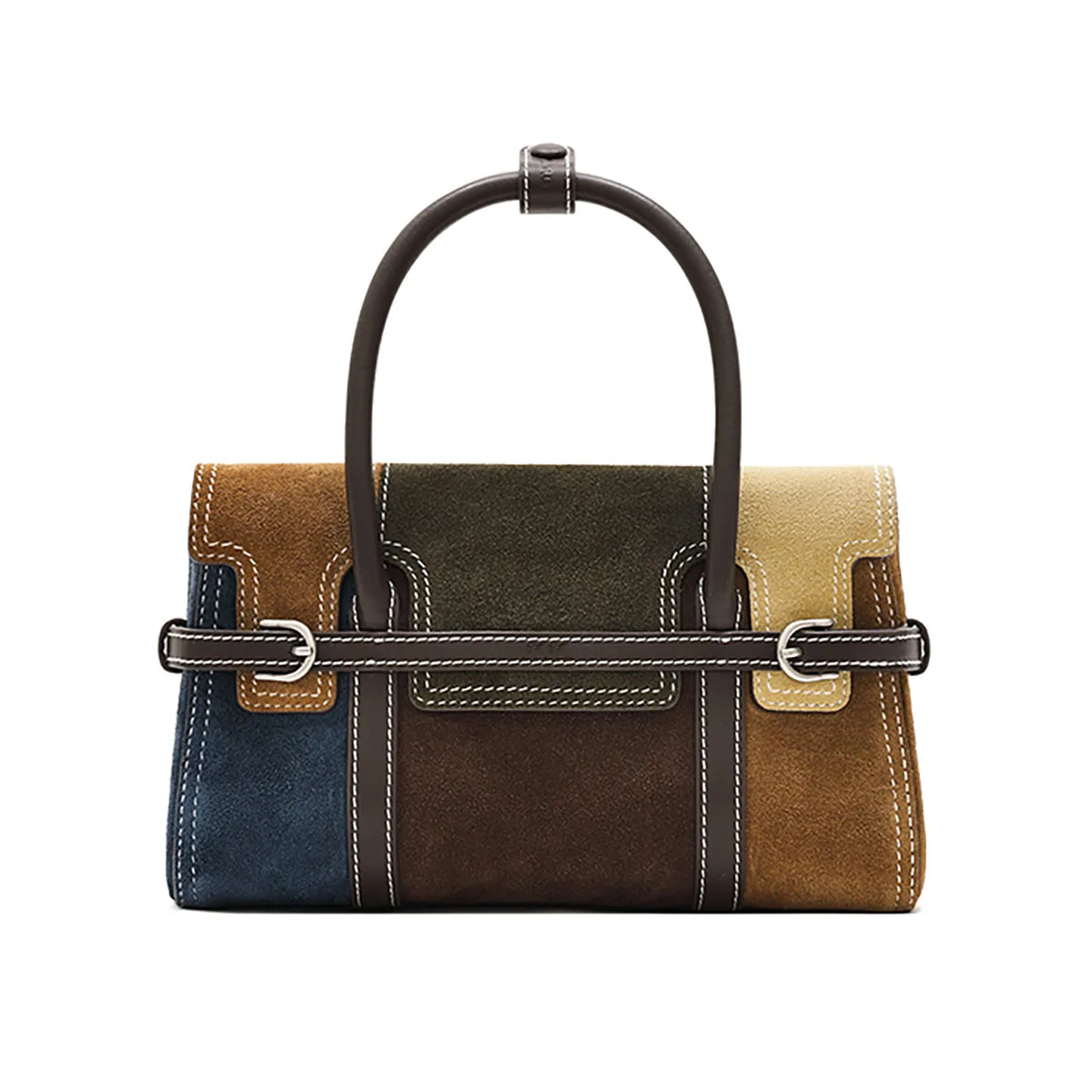 

New retro color-blocked small square handbag, suede bag, women's niche fashion commuter bag, stylish crossbody bag for going out