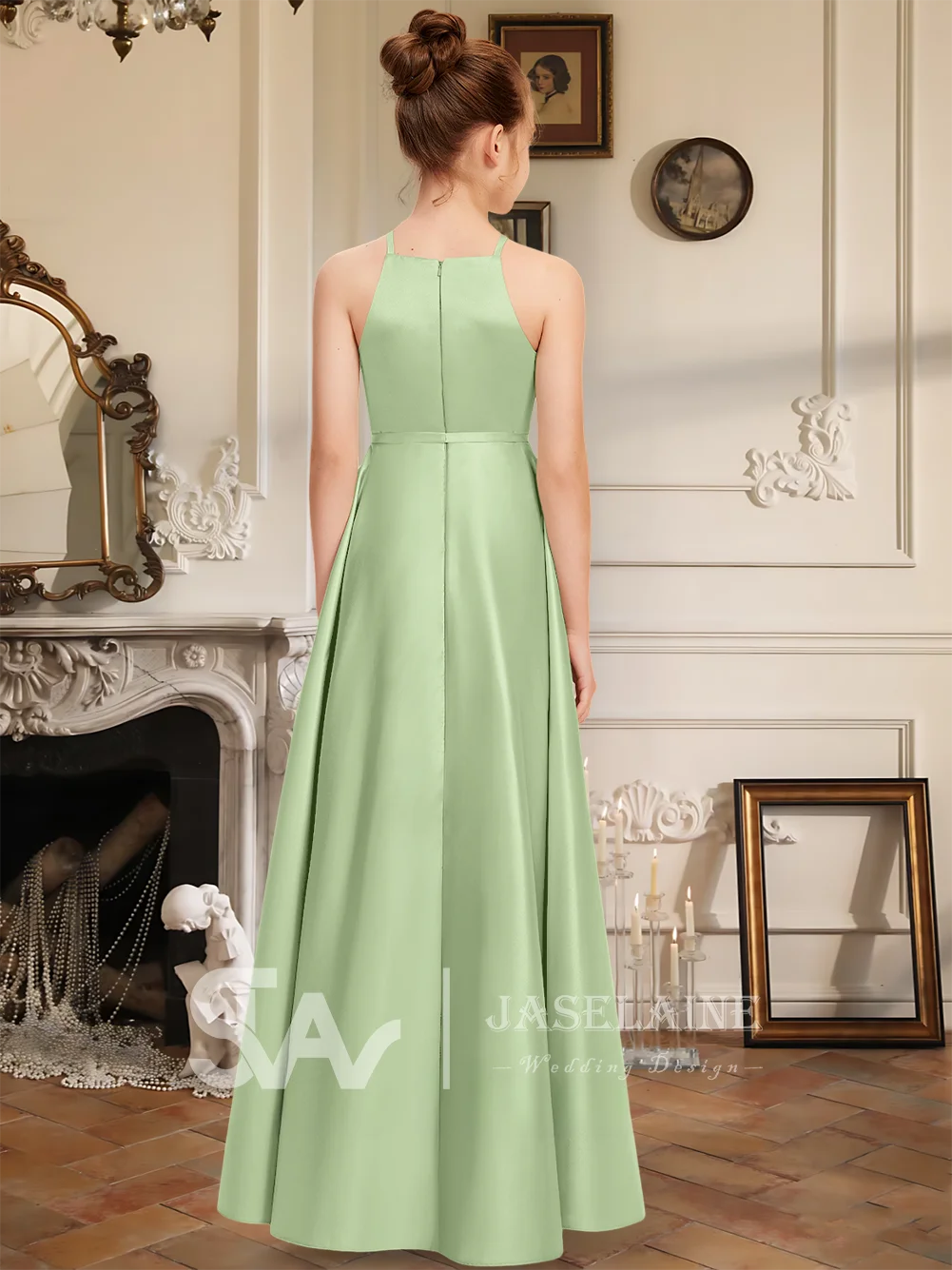 A Line Halter Asymmetrical Satin Junior Bridesmaid Dress Sleeveless With Belt Sash Pockets Flower Girl Dress Wedding Formal