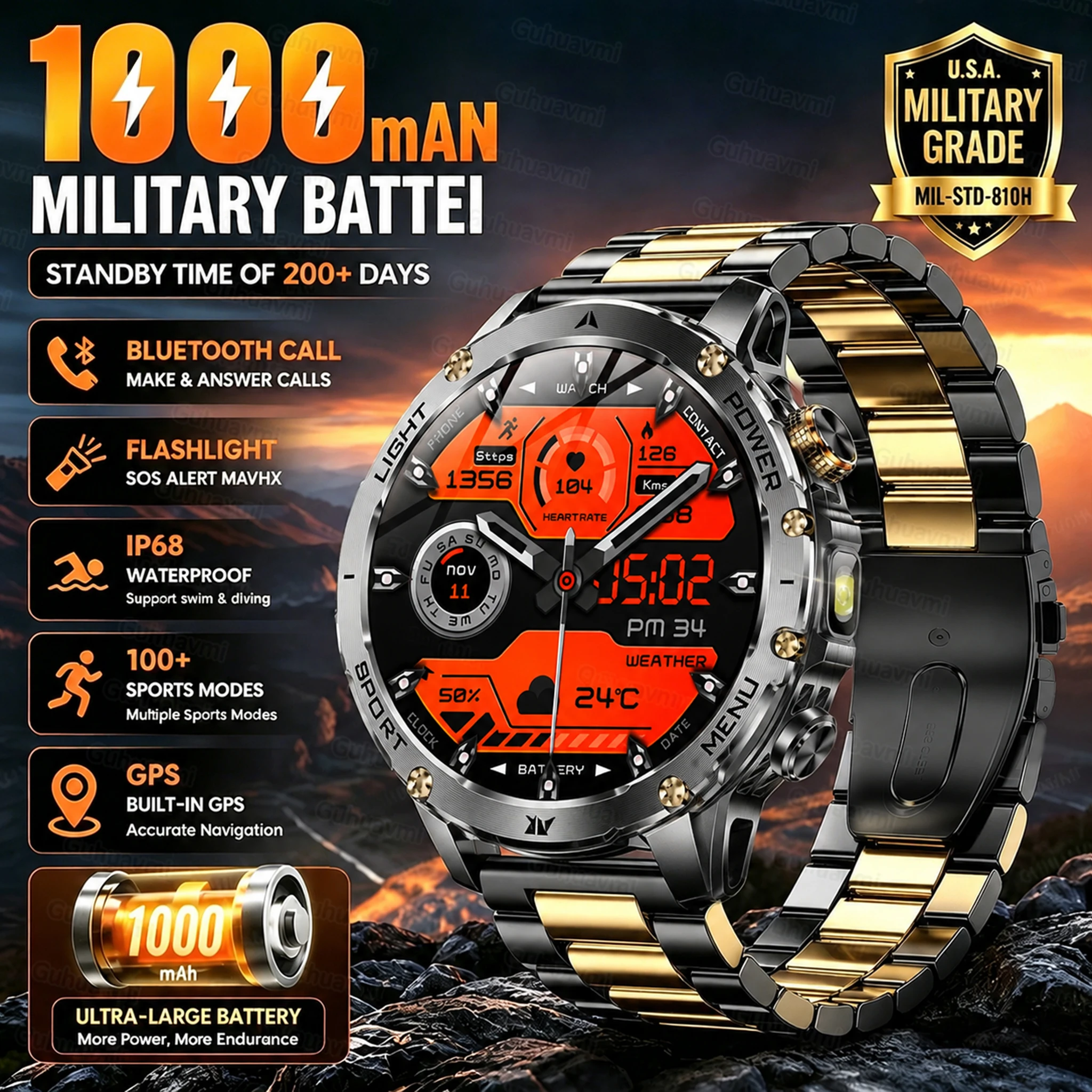 Nouvelle Montre Connectée Militaire T-Rex 3 Ultra 2026 avec Batterie 1000 mAh, Étanchéité 5 ATM, Lampe Torche, Suivi Cardiaque et Sportif pour Hommes