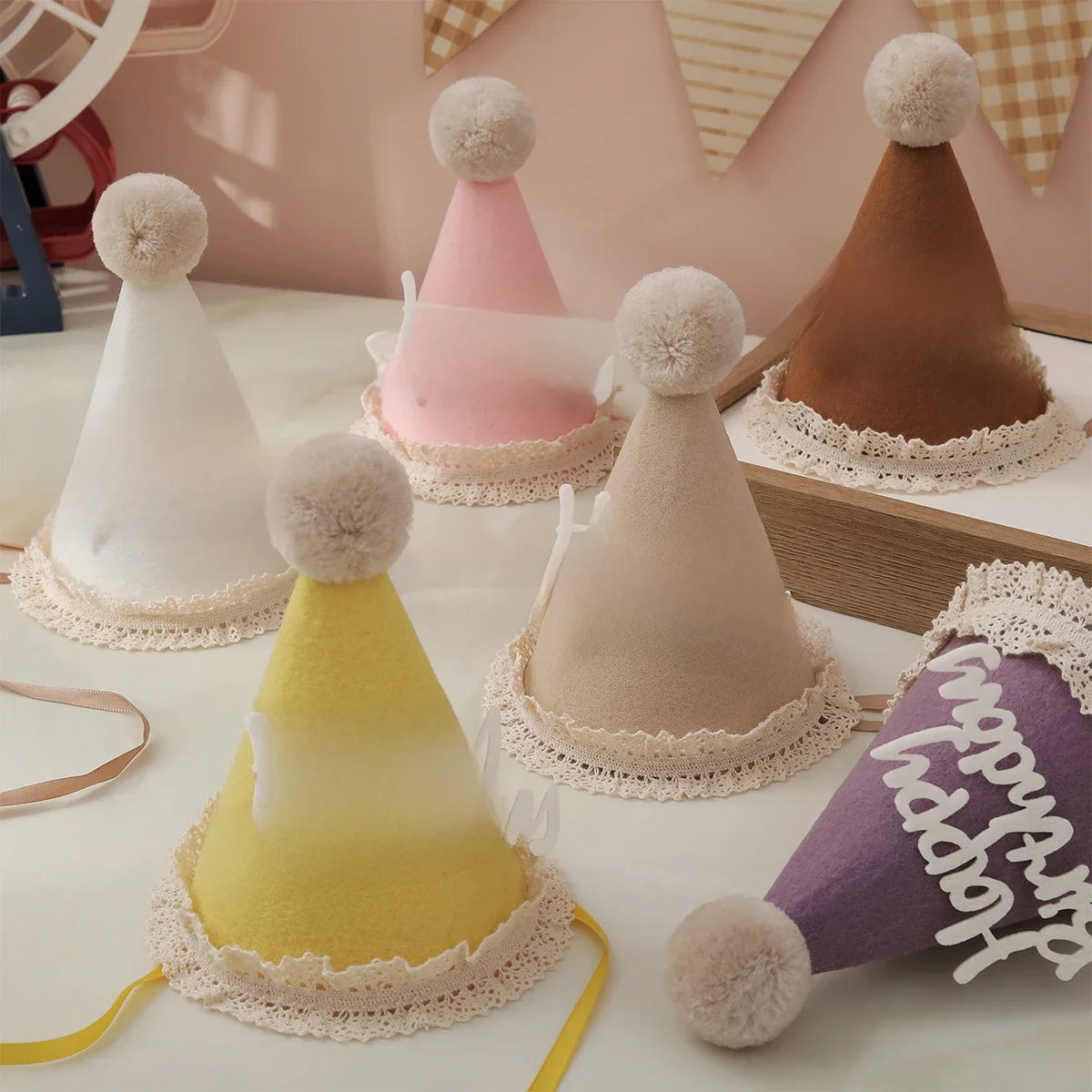 Boule de laine en feutre de dentelle, chapeau d'anniversaire, accessoires photo de fête, décoration 1 ensemble 1 pièce