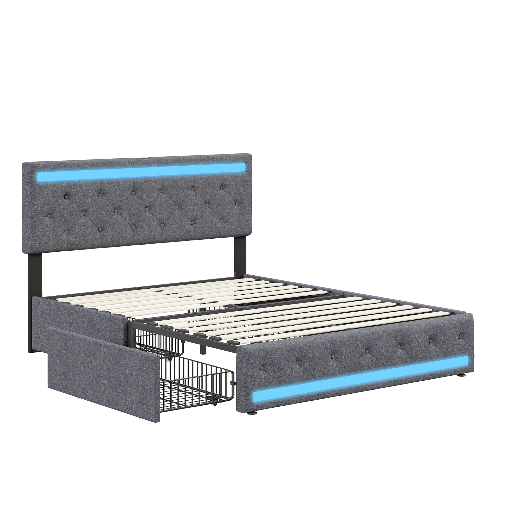 Gestoffeerd bed 140x200 cm met opbergruimte, tweepersoonsbedframe met 4 laden, verstelbaar hoofdeinde met LED en USB, platformbed met lattenbodem, linnen stof donkergrijs, modern bedframe met - afbeelding 2