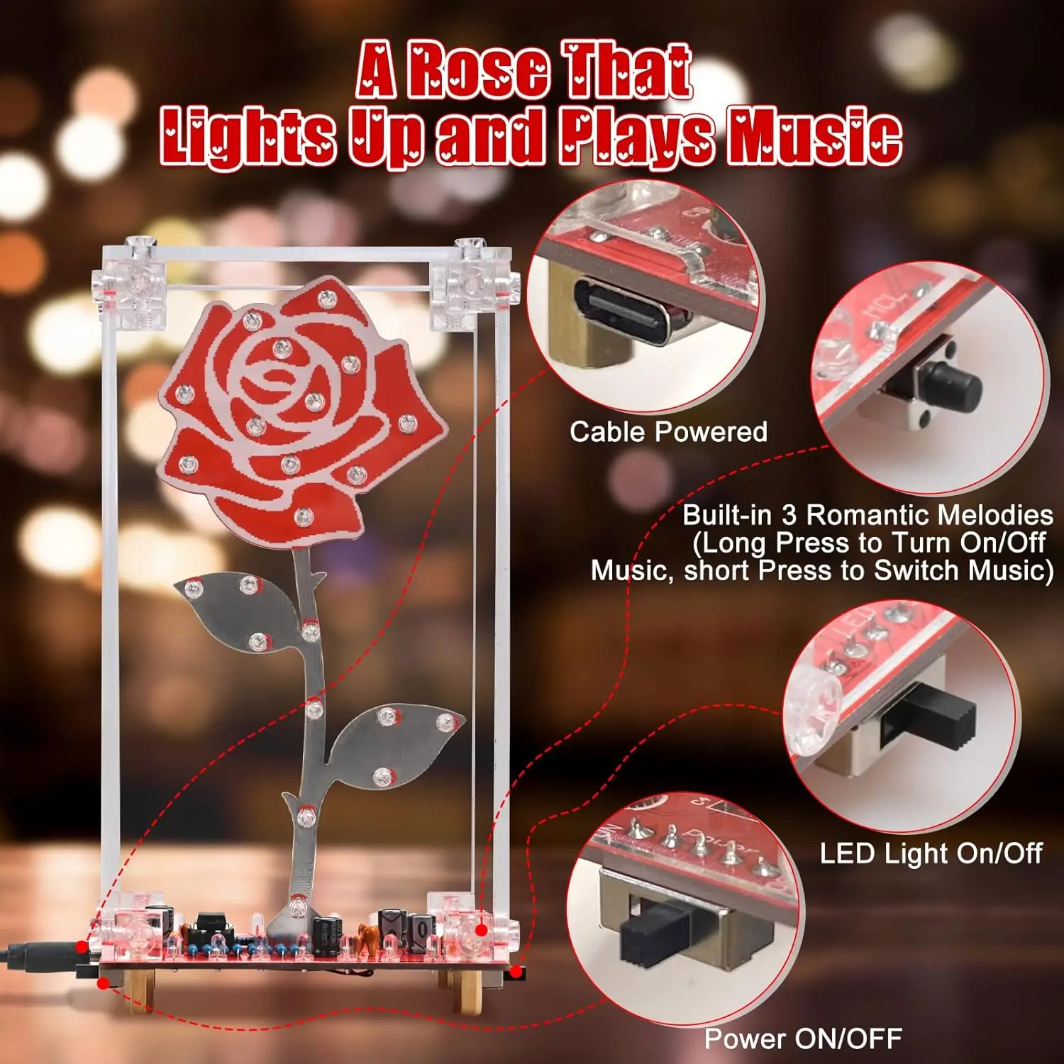 DIY Rozen Soldeer Oefenset LED Bloemen Elektronica Project met Acryl Kistje Knipperlicht Ingebouwde Muziek Montage Sets