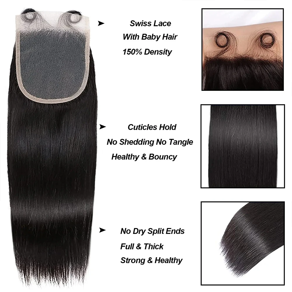 Straight Human Hair Bundles With Closure Brazilian Raw Hair Bundles With HD Lace Closure Transparent Lace Frontal with Bundles