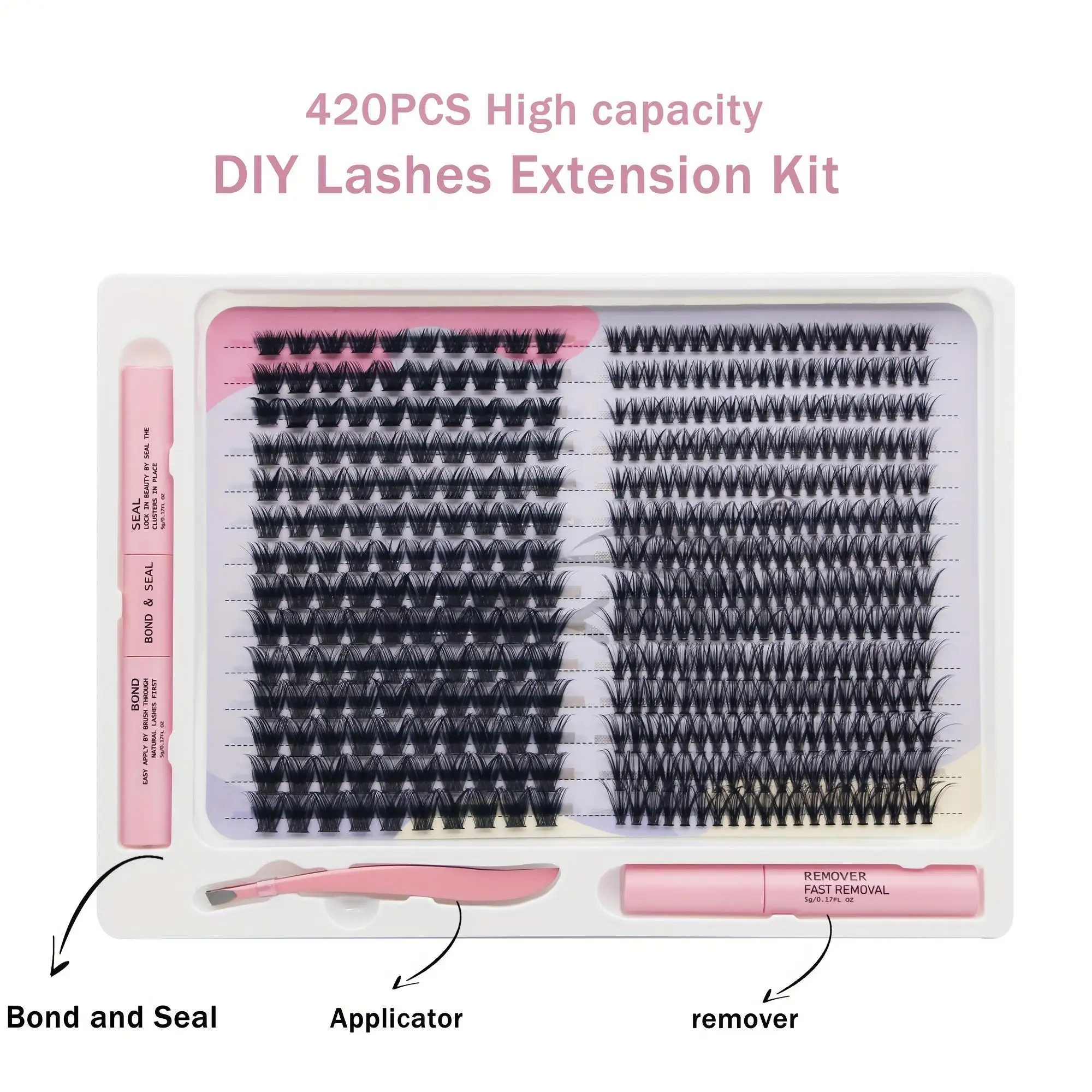 Lash Extension Kit Fluffy Lash Clusters 40P Eyelash Extension Kit DIY Lash Extension Kit with Bond and Seal Glue, Lash Applicato