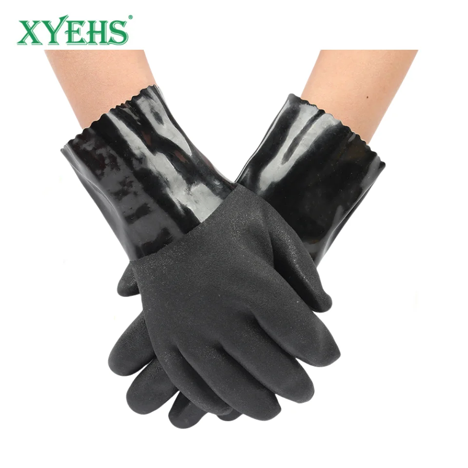 XYEHS 5 Pairs 28cm-30cm Full Black PVC Coating Chemical Resistant Safety Work Gloves Anti-Slip Palm Oil & Water Resistant