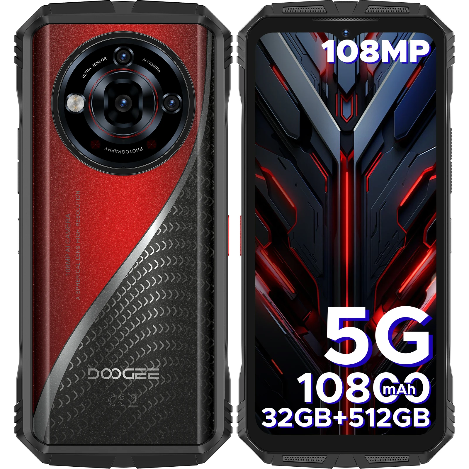 DOOGEE S118 Pro 5G Rugged Phone 6.6'' FHD+ 120Hz 8GB RAM+512GB ROM 10800mAh Battery 108MP+32MP Android 14 Cell Phone NFC Face ID