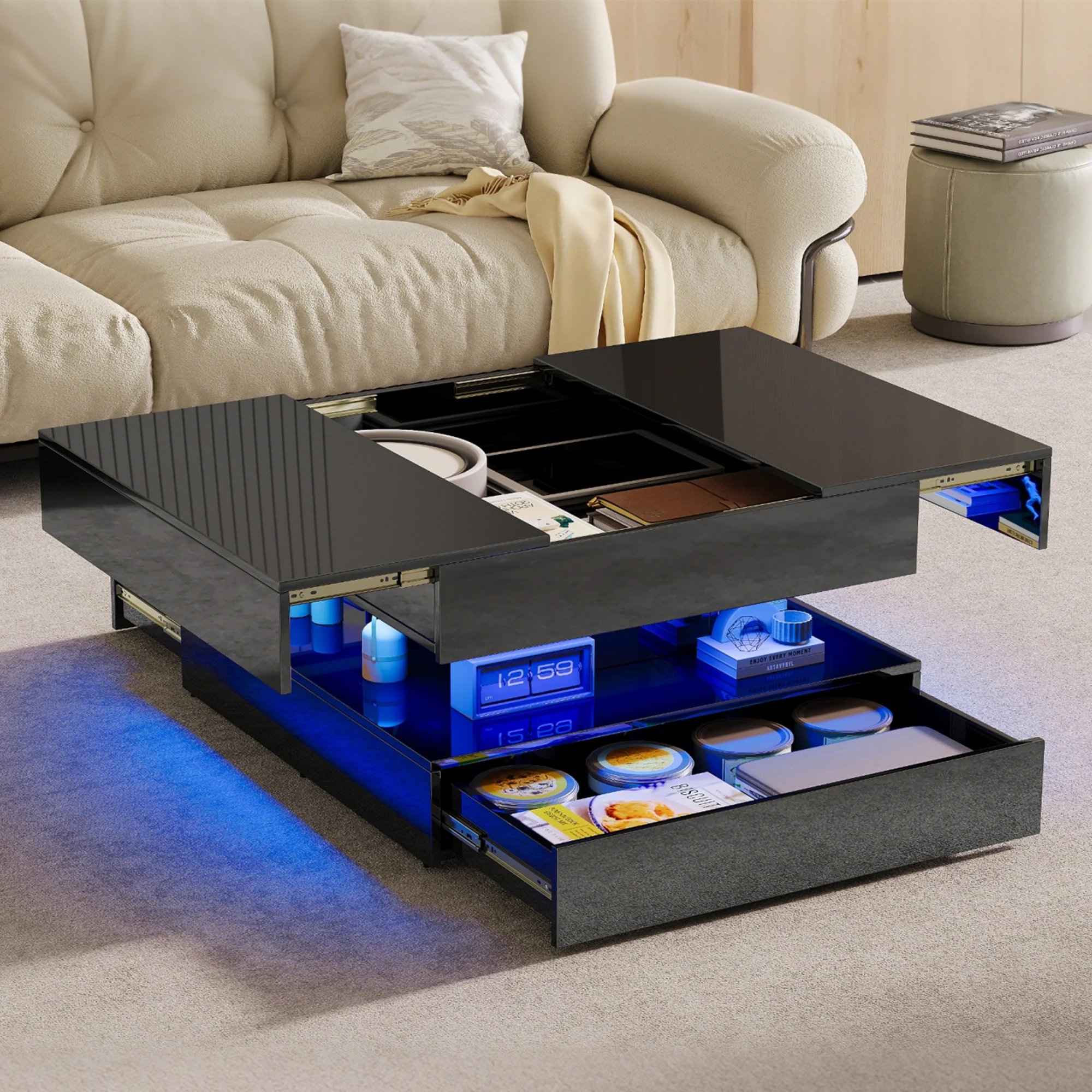 Salontafel met LED-verlichting, hoogglans woonkamertafel met laden, verborgen opbergruimte, open vak, moderne bijzettafel, salontafel