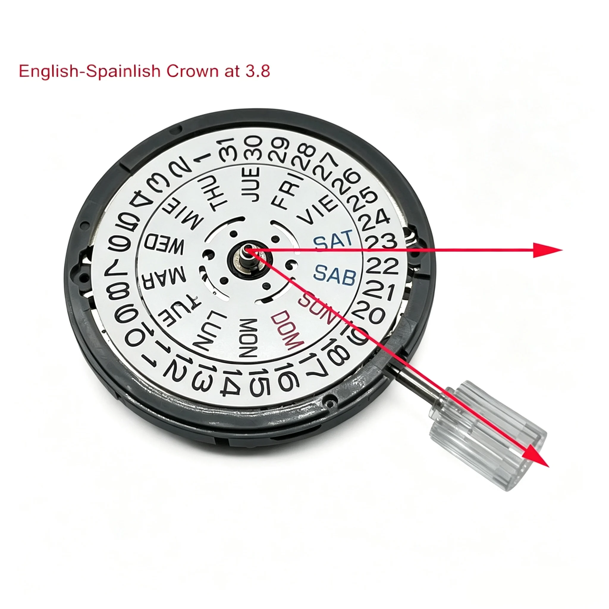 Japan NH36 Movement English-Spanish Datewheel Crown at 3.0/3.8 O'clock Mod NH36A Day-Date at 3:00 Black/White Disc 4R36A。