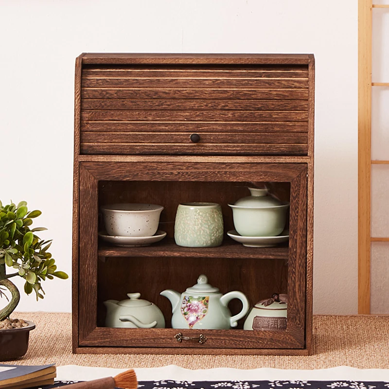 Solid wood kitchen cutlery organizer shelf shelving tea set desktop dust tea set roll-up door organizer