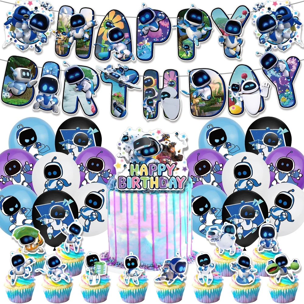 Astro Bot Happy Birthday Party Decorations Balloons Space Backdrop Banner 32inch Number Cake Toppers Supplies Baby Shower Gifts