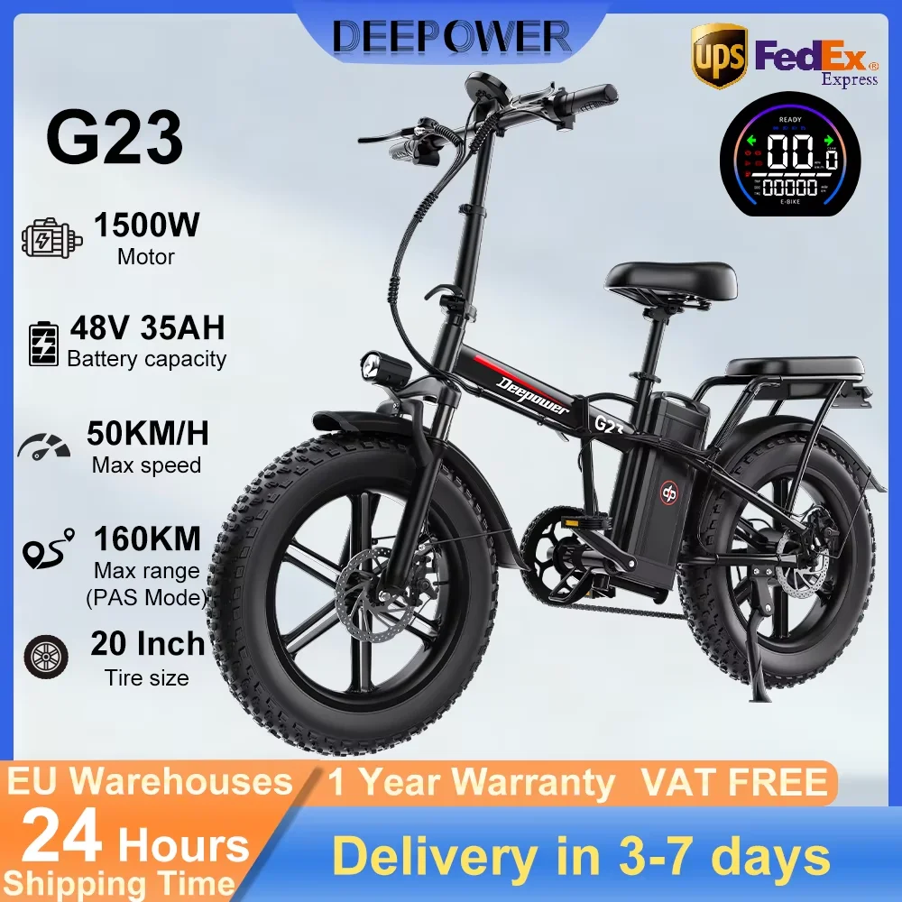 Vélo électrique DEEPOWER G23 1500W 48V 35AH, vélo électrique pliable pour adultes, pneus larges de 20 pouces, amortisseur hydraulique, vélo tout-terrain