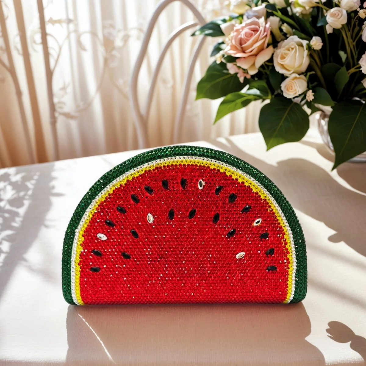 

Прекрасный женский вечерний клатч в форме арбуза, блестящий кошелек со стразами и кристаллами, металлическая цепочка, сумка через плечо для выпускного вечера