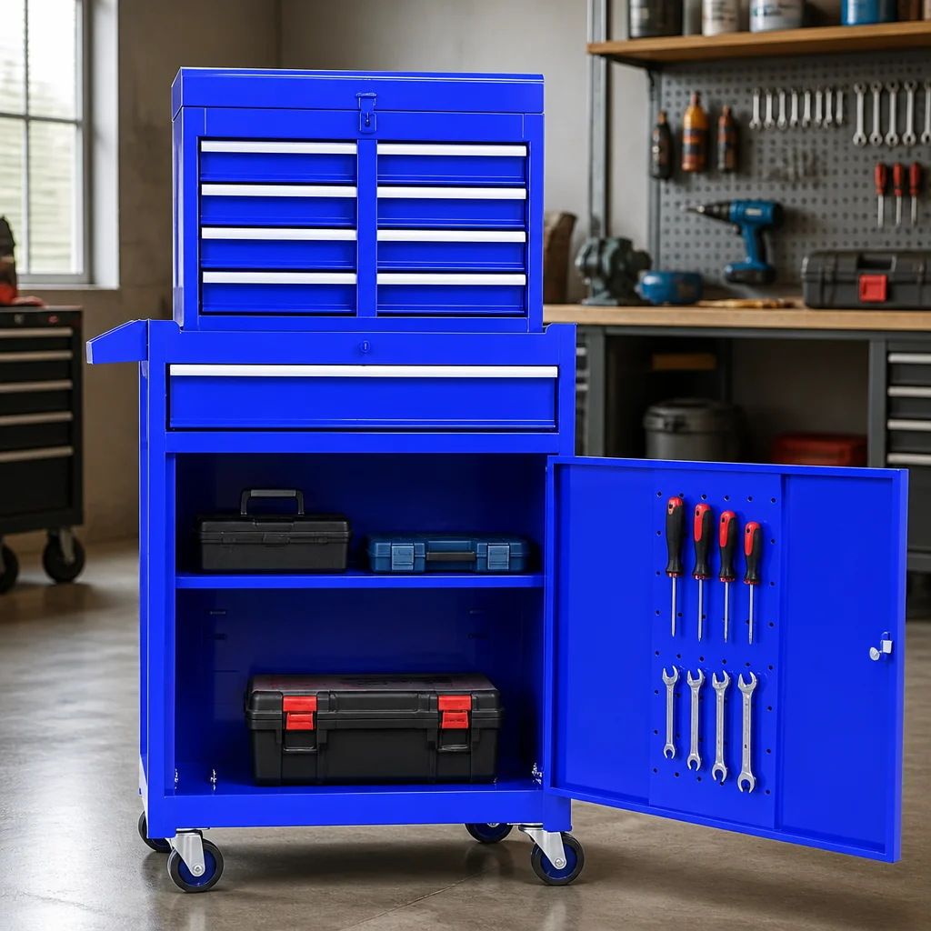 Coffret de rangement à 5 tiroirs, avec roulettes et fonctions de déplacement, étagères supérieures amovibles et réglables, coffre à outils de garage (Bleu)