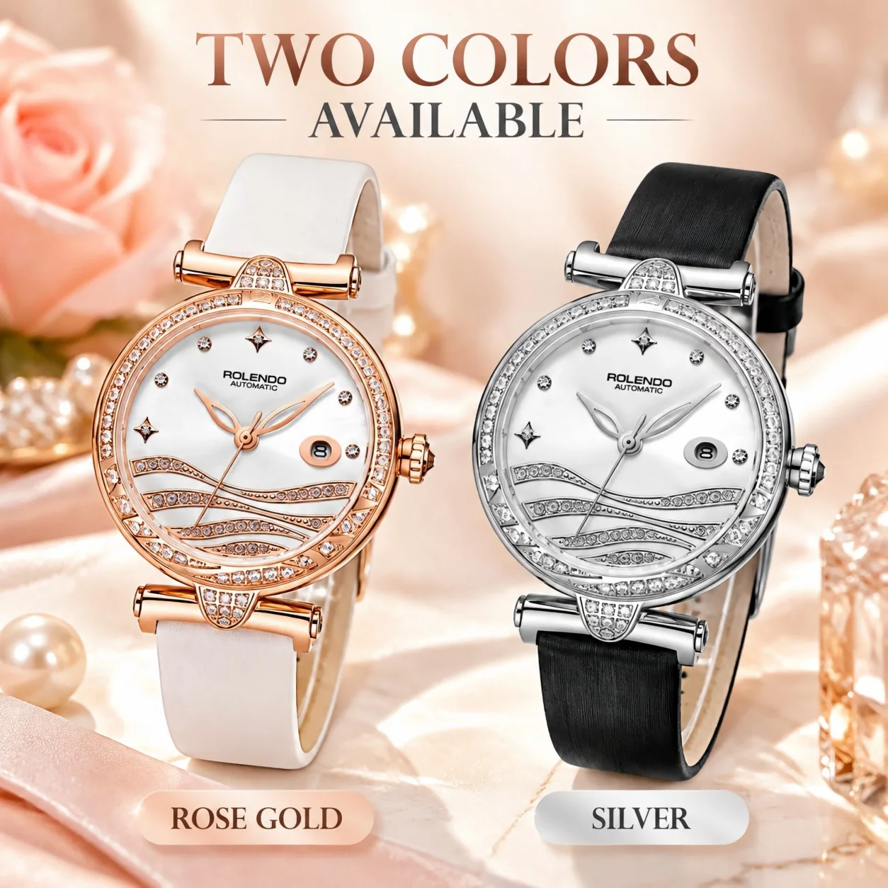 ROLENDO Women Automatic Mechanical Watch MIYOTA 6T15 Crystal Bezel Date Display Leather Strap 3ATM Water Resistant Ladies Watch