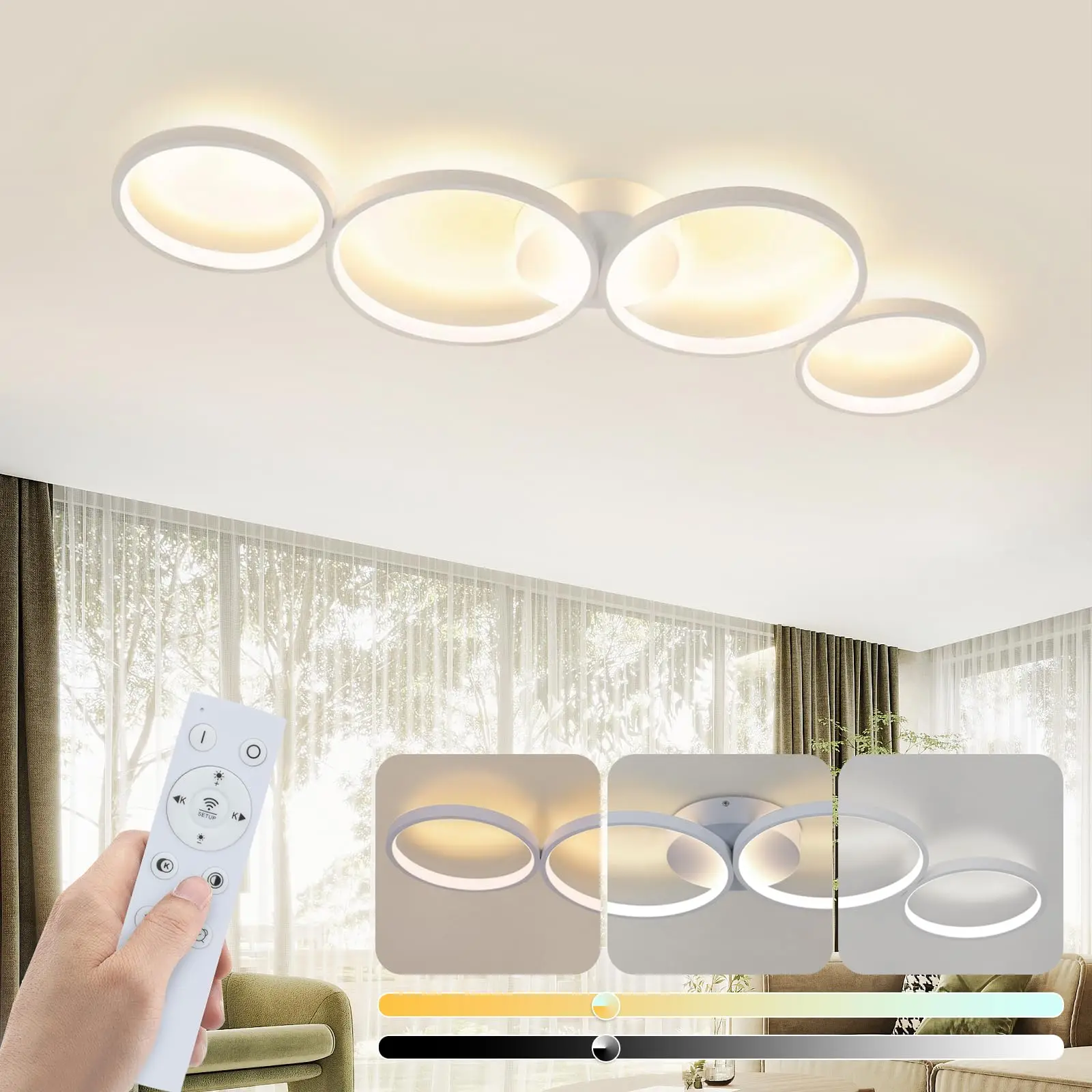 Moderne Schwarze LED Deckenleuchte 88cm 55W/ 100cm 56W 4 Ringe Asymmetrisch Dimmbar 3000K-6500K Fernbedienung Memory Indirektes Licht Edle Metall Oberflaeche Wohnzimmer Schlafzimmer