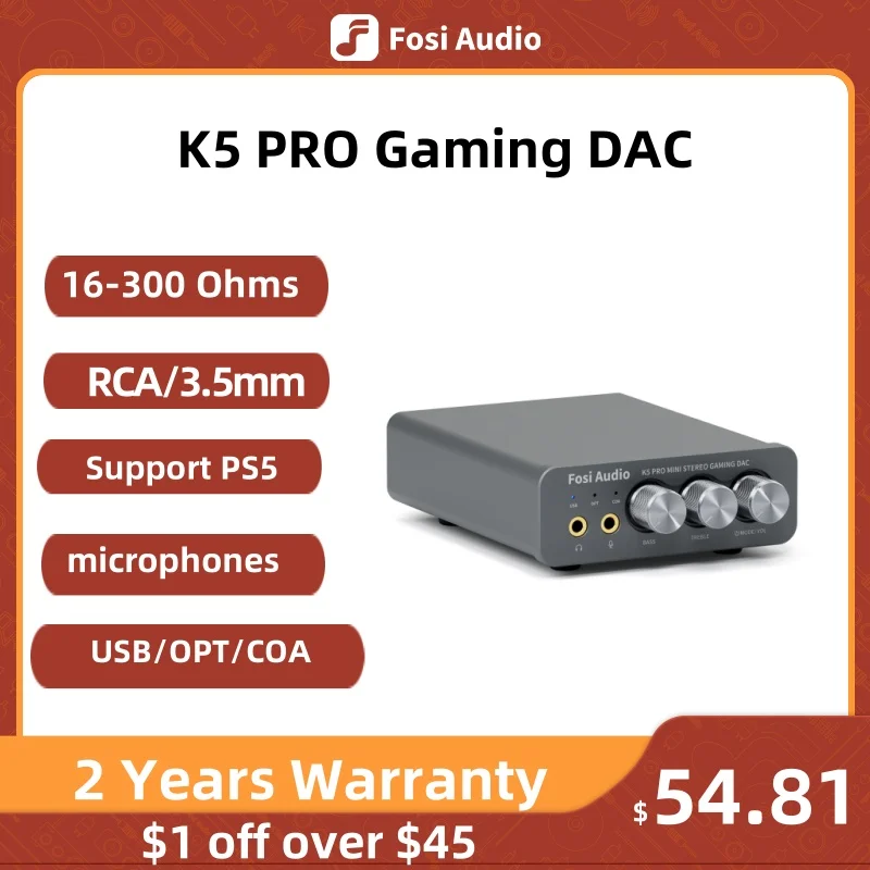 Fosi Audio K5 PRO USB Gaming DAC With Microphone Headphone Amplifier Mini Audio DAC for PS5 Desktop Powered Active Speakers