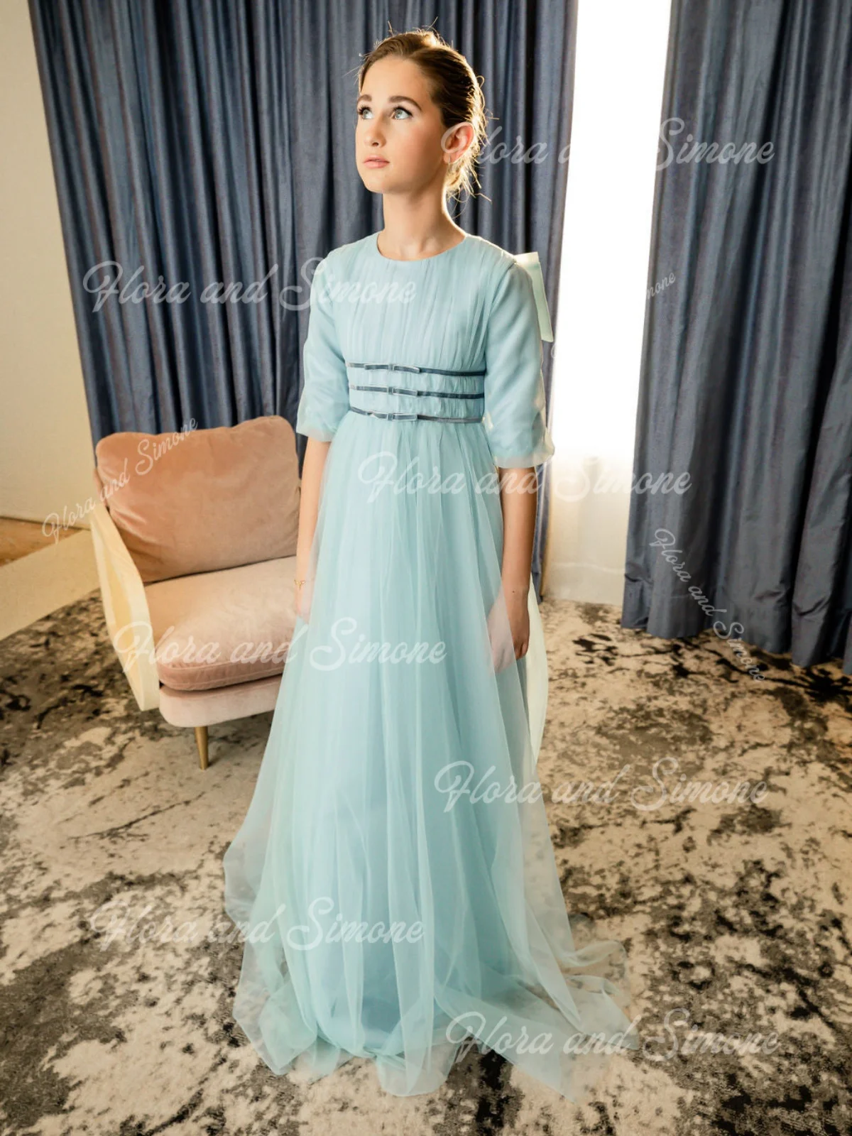 فستان فتاة الزهور الجميل الأنيق المصنوع من الشيفون الأخضر المخصص لحفلات الزفاف وحفلات الاستقبال الرسمية والمناولة الأولى