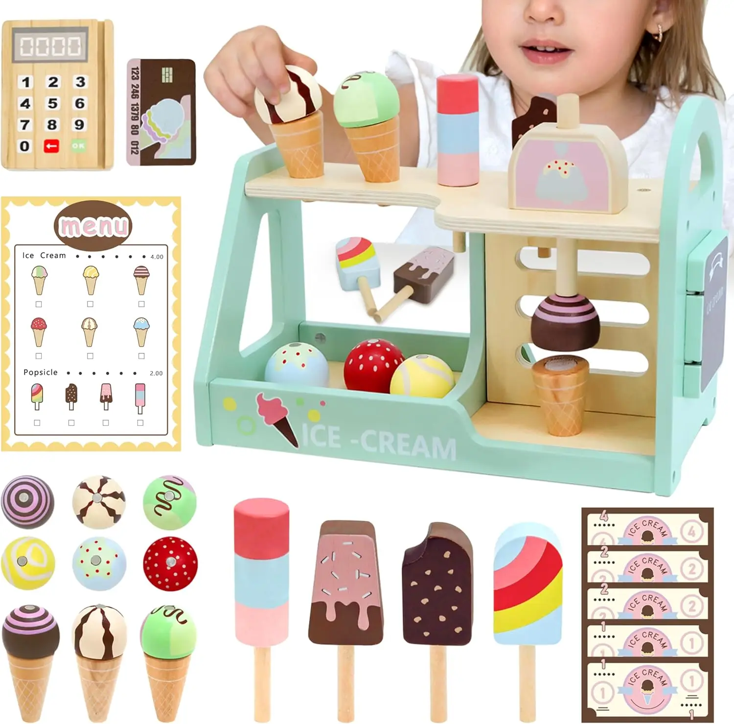 Ensemble de jeu de compteur de crème glacée en bois pour tout-petits, jouet de cuisine Montessori, accessoires de jeu de simulation, jeux pour enfants