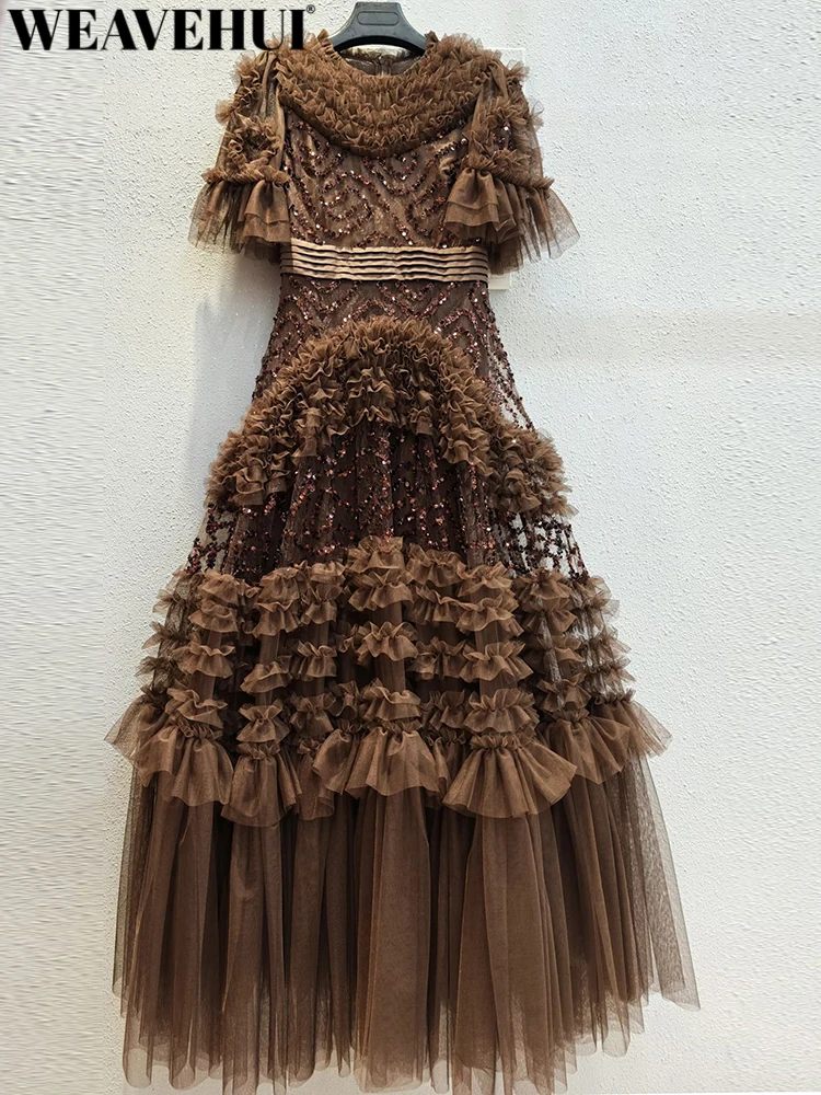 WEAVEHUI Wome Vintage Big pendulum Mesh Maxi Dresses O-Neck Flare Sleeves Sequins Spring Summer new model