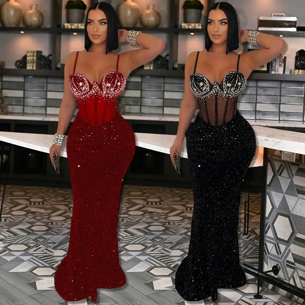 Lange jurk vrouwen sexy feestjurken sling bodycon vestidos streetwear club pailletten hot boren elegante hoge taille y2k avond - afbeelding 2
