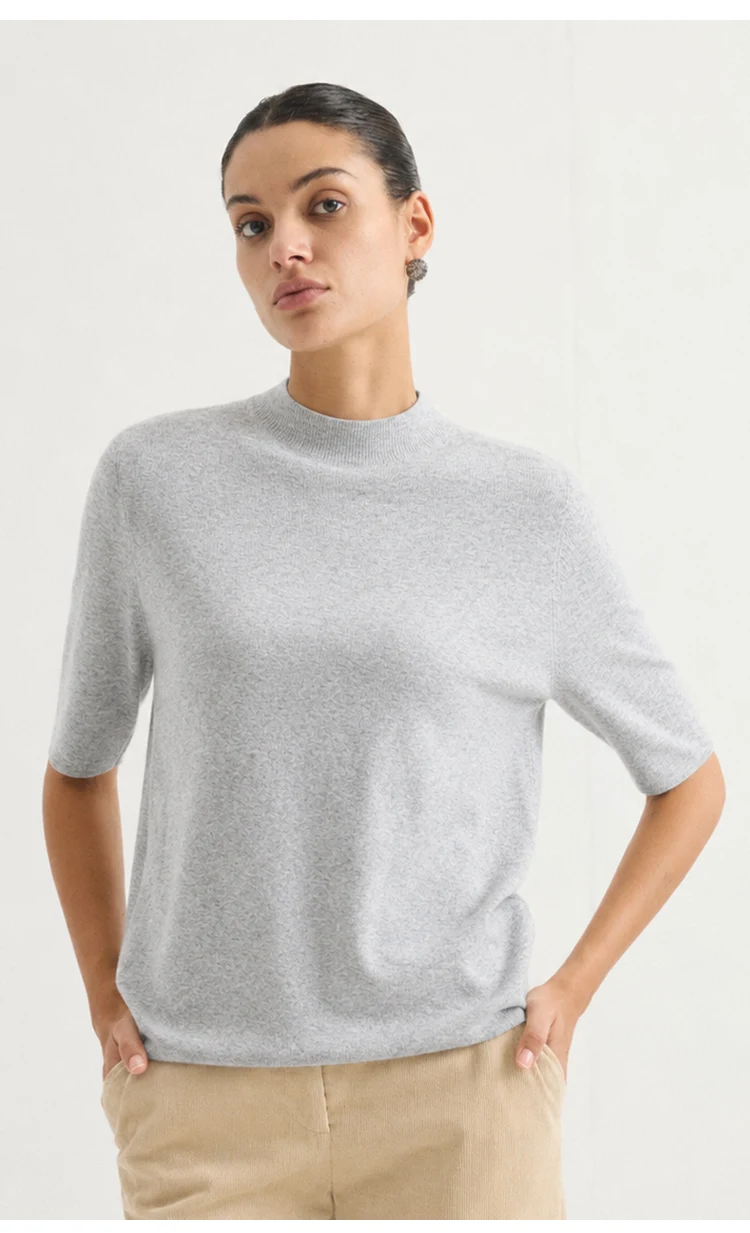 MZ62004 Damen Kaschmir-Mischung Kurzarm-Strickoberteil mit Stehkragen, Weich Strukturierter Pullover für Arbeit und Alltag, Herbst 2026 – Detail 6