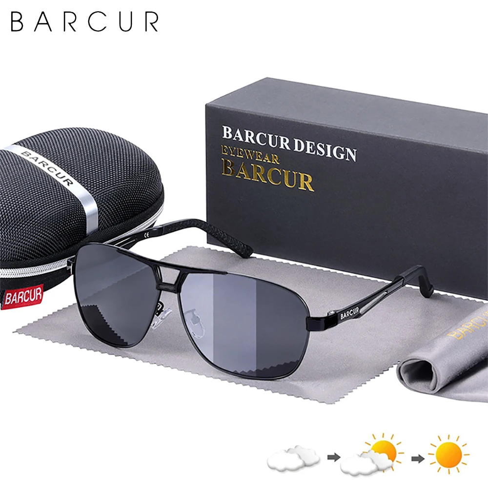 BARCUR Pilot Photochromic Sunglasses Metal Frame Men Polarized Sun Glasses Glass Eyewear Trend Styles UV400 Protection