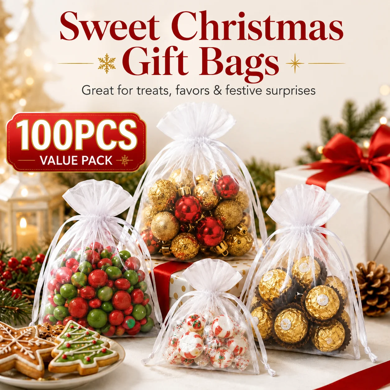 100Pack White Organza Bags Drawstring Jewelry Pouches Wedding Favor Gift Bags Candy Mesh Bags Party Halloween Christmas