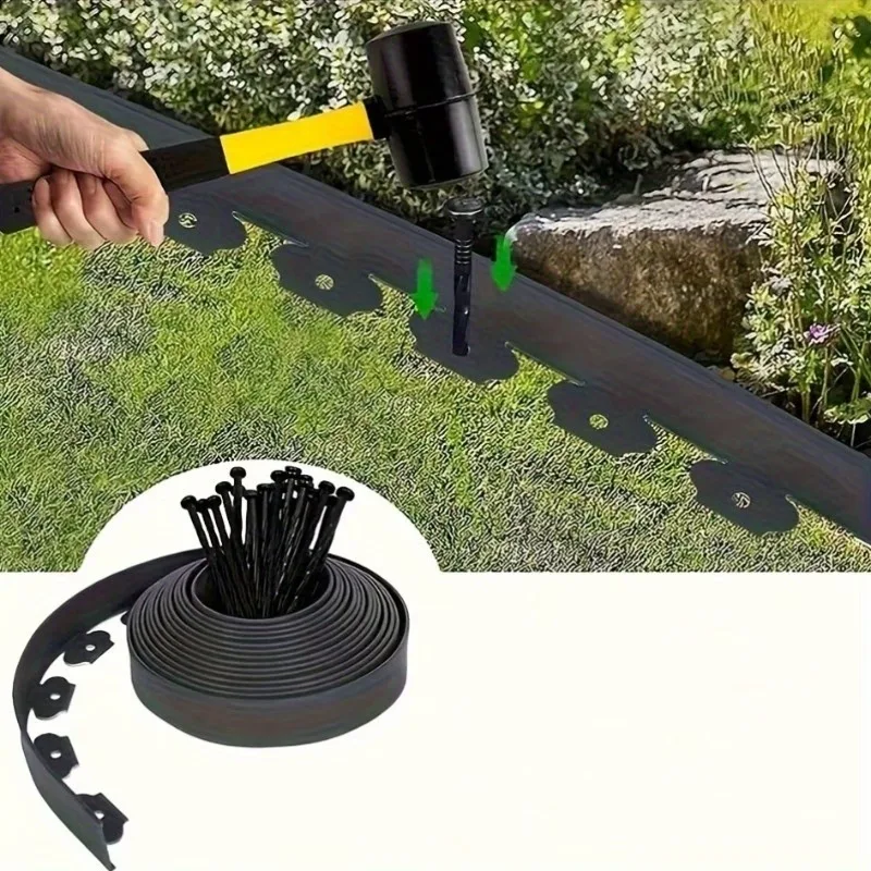 5/10m Easy Install Black PE Garden Edging Kit with Anchor Stakes, Landscape Border for Yard Lawn, Soil Barrier Against Erosion