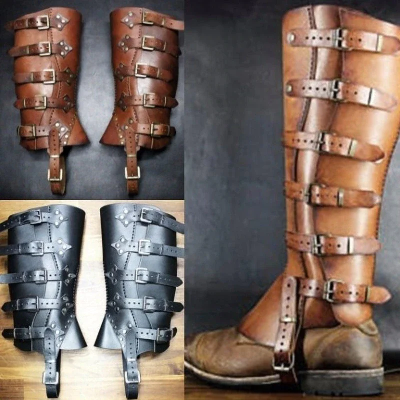 Medievale Viking Warrior Renaissance ghetta Boot Costume Greaves accessori gamba in pelle scarpe Cover per uomo donna Larp Cosplay