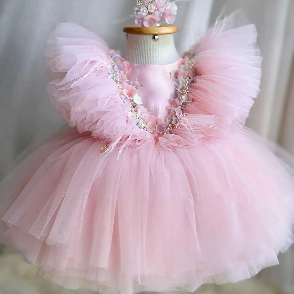 

Jill Wish Elegant Dubai Pink Girl Dress 3D Flowers Feathers Gown for Baby Kid Wedding Birthday Communion Party Pageant 2024 J346