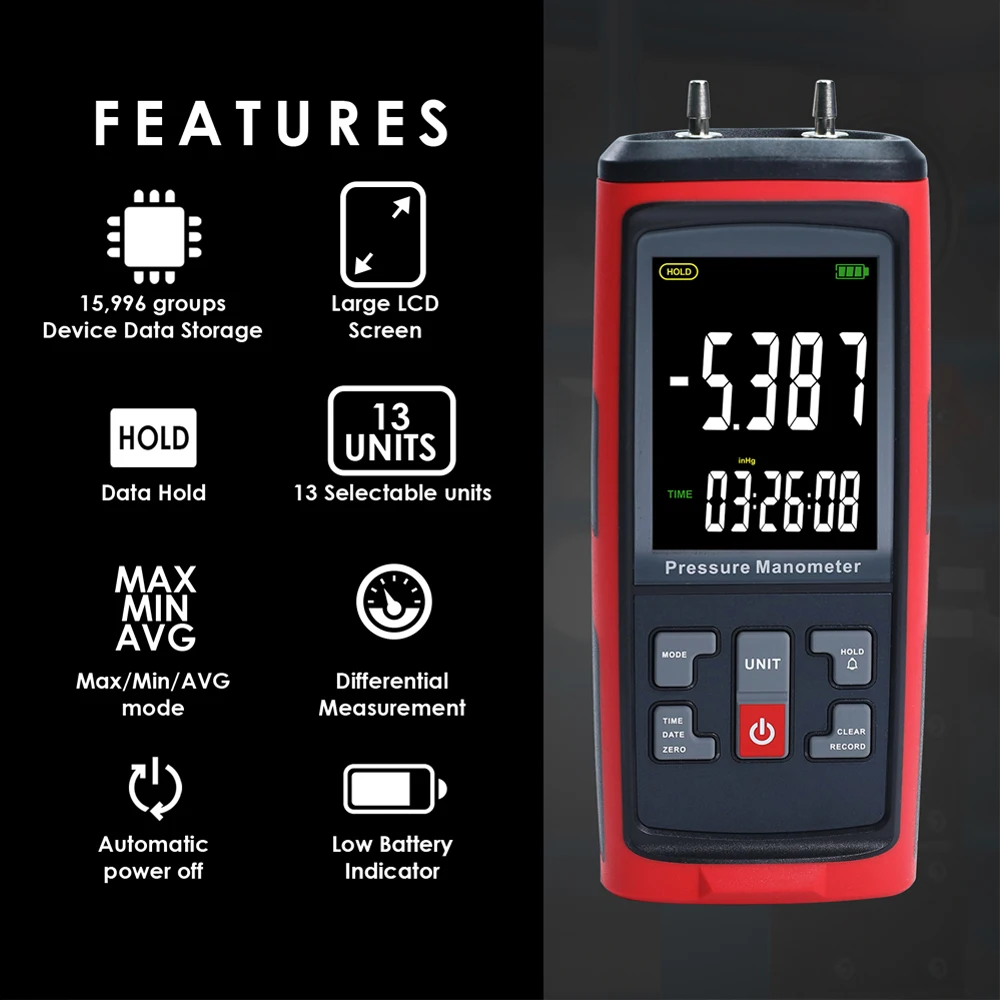 Digital Differential Manometer Air Pressure Gauge Professional Detector U-type ±50 KPa Pneumatic Compressor Valves Tanks - view 2